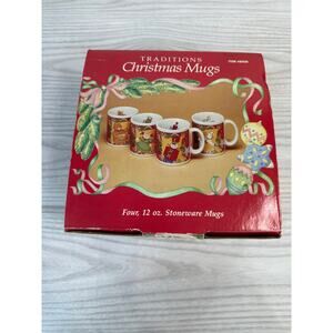 Traditions Christmas 1992 Stoneware Mugs Set of 4 Bear Doll Nutcracker Ornament